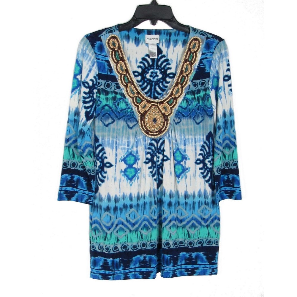 Sz 0 S Chicos V Neck Shirt Top Tunic Blue Green Wooden Wood Beads